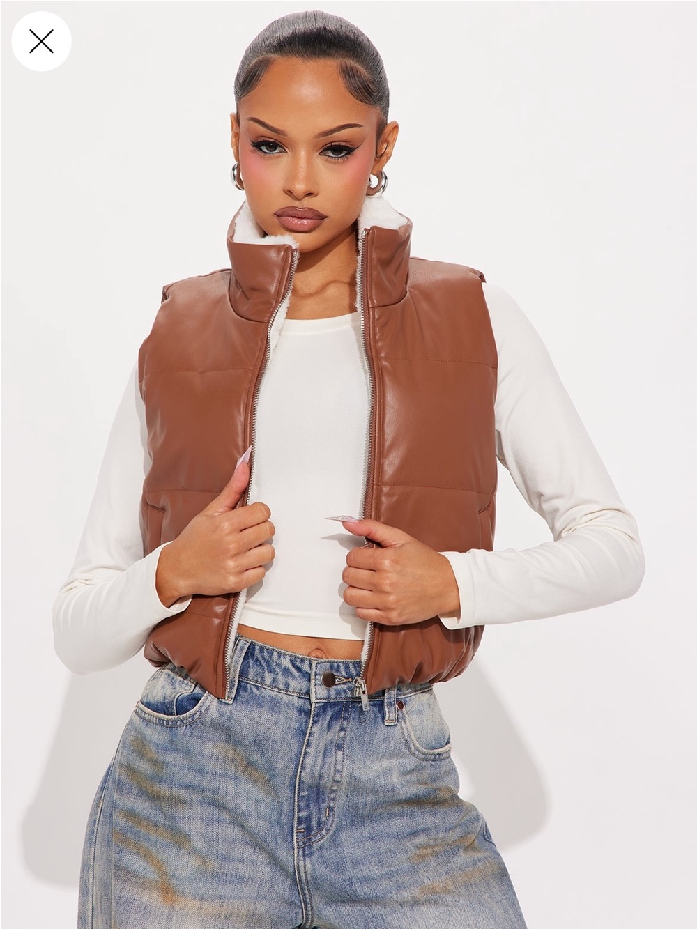 Fashion Nova Brown Faux Leather Puffer Vest with Sherpa Collar